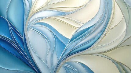 Abstract design of flowing, layered shapes in light blue and cream tones.
