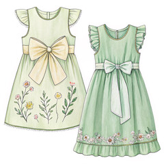 Obraz premium Watercolor Illustration Two Pastel Green Girls Dresses Floral Embroidery Big Bows Ruffled