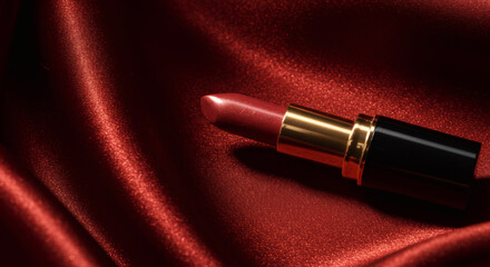 Naklejka premium Luxurious Red Lipstick on Rich Burgundy Satin Fabric Elegant Cosmetic Product Photography