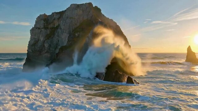 Ocean waves crashing against a rocky island at golden hour sunset hd video , 4k video , mp4