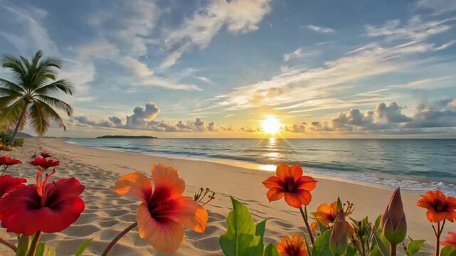 A scenic beach view with flowers and palm tree at sunrise or sunset hd video , 4k video , mp4
