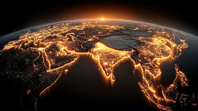 Earth's night lights over Asia and India.  Sunrise
