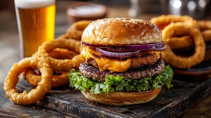 Slug burgers with onion rings and glass of cold beer on a zink table