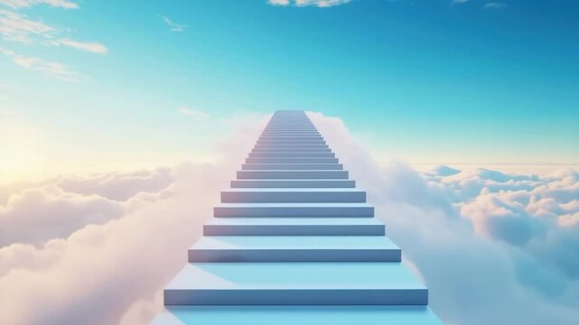 Staircase ascending into bright blue sky above soft white clouds with peaceful surreal horizon and steps symbolizing hope aspiration journey toward success and uplifting limitless possibilities