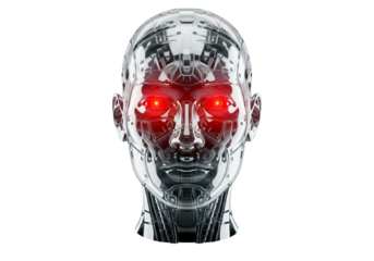 Robotic Head with Glowing Red Eyes AI, Artificial Intelligence, Cyborg, Android, Futuristic Technology