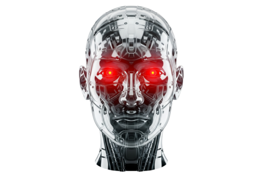 Robotic Head with Glowing Red Eyes AI, Artificial Intelligence, Cyborg, Android, Futuristic Technology