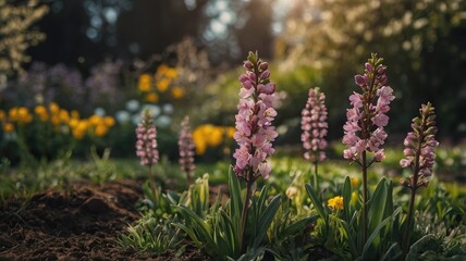 Obraz premium Pink flowers blooming in a sun-drenched garden with soft focus background