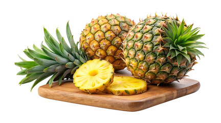 Pineapples and Slices on Wooden Cutting Board on Transparent background PNG