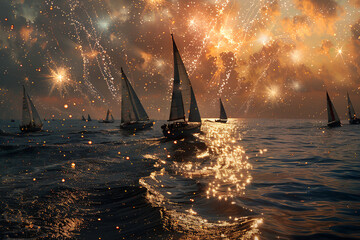 Sailboats on sea with fireworks in sky, festive nautical evening scene