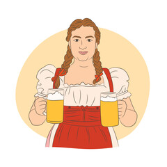 Woman in traditional Bavarian dress, holding a beer glass. Oktoberfest illustration