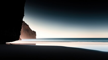 Dramatic beach landscape features distant cliffs and a tranquil ocean scene