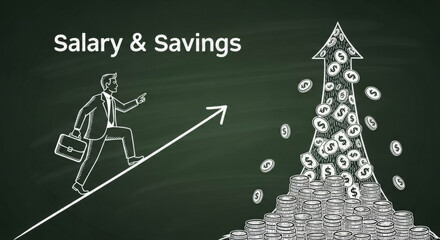 Financial Growth Visualization with Chalkboard Illustration of Businessman Climbing Arrow Chart for Salary and Savings with White Chalk on Black Background
