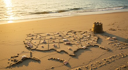 Sun-Kissed Seashells Decorate a Sandcastle and US Map on a Golden Beach