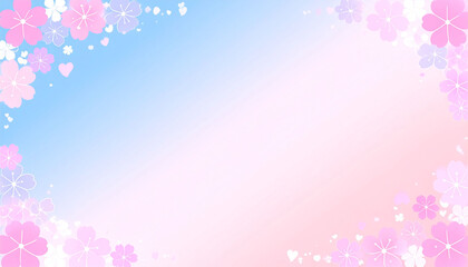 Pastel pink and blue ombre background with scattered stylized cherry blossoms and hearts forming a border