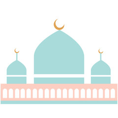 Flat style illustration of a mosque with blue domes and pink accents, perfect for Islamic celebrations and holy month themes.