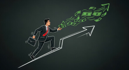 Pixel Art of Businessman Climbing Up an Arrow on Dark Background Representing Career Growth Financial Success and Upward Progression