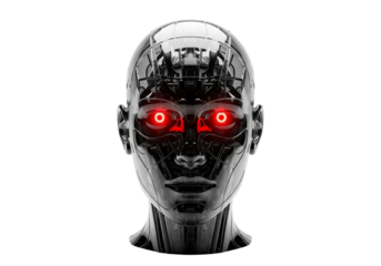 Futuristic Female Robot Head with Glowing Red Eyes AI, Cyborg, Artificial Intelligence