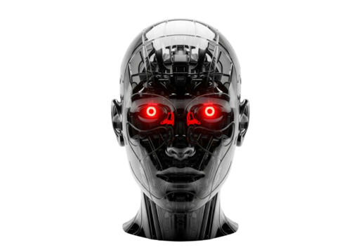 Futuristic Female Robot Head with Glowing Red Eyes AI, Cyborg, Artificial Intelligence