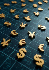 Global Currency Symbols on Grid International Finance and Investment Concepts
