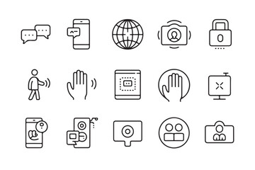 Collection of simple line icons depicting communication and technology