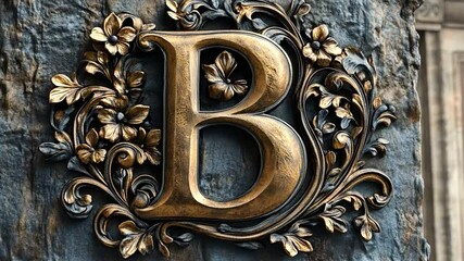 Ornate gold letter B with floral carvings on dark stone.