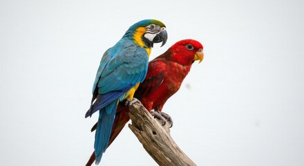 Fototapeta premium Colorful Parrots Perched on Wood Branch in Bright Studio Setting