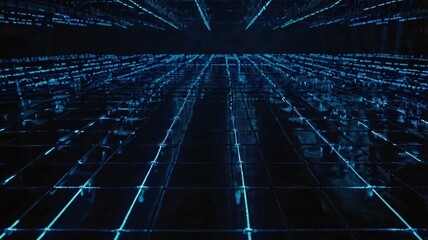 Obraz premium Perspective view of a dark grid pattern with bright blue lines forming a futuristic design