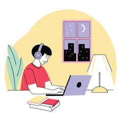 A young man working late at night with a laptop. Freelancer using a laptop with headphones - flat vector design
