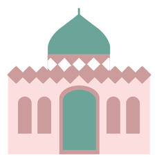 Playful pink and green mosque with patterned domes, perfect for festive greeting cards, Islamic art, or children’s religious materials.