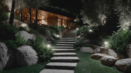 Luxury Villa Night Scene  Stone Path  Garden  Landscape