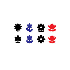 A minimalist display of stylized black blue and red flowers