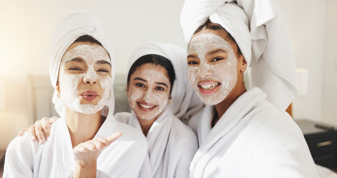 Spa, selfie and face mask with friends in hotel for beauty treatment, social media or hospitality. Skincare, facial and photography POV with women in bedroom of resort for self care, pamper or travel