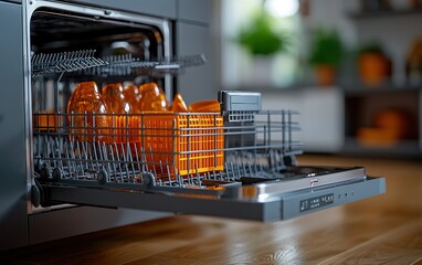 Modern dishwasher open, orange containers holding dishes