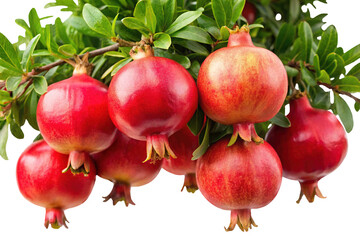 Pomegranates hanging from a branch with green leaves on Transparent background PNG