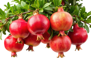 Pomegranates hanging from a branch with green leaves on Transparent background PNG