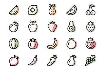 Illustrated collection of delicious fresh and colorful fruit icons