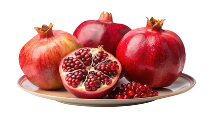 Pomegranates arrangement showcasing a cut open fruit filled with jewellike seeds on Transparent background PNG