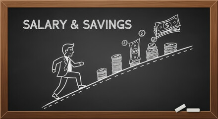 Salary and Savings Chalkboard Illustration of Steps to Financial Growth with a Businessman Climbing Graph on a Dark Background