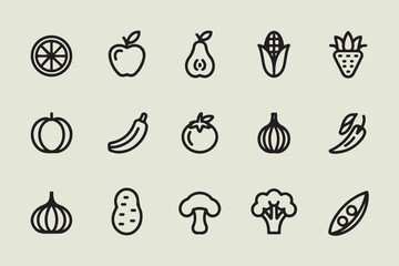 Simple minimalist line art icons of fruits and vegetables