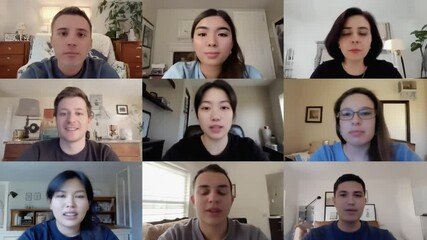 A grid of diverse faces in a video conference, symbolizing virtual meetings, global collaboration, and remote communication. Ideal for business or education themes. - Powered by Adobe