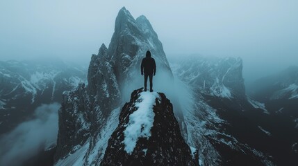 A person stands atop a snowy mountain peak overlooking the landscape