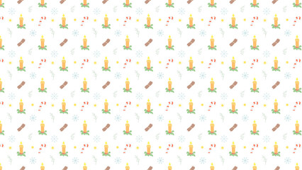 Seamless christmas pattern with candles candy canes snowflakes and cinnamon sticks on a white background