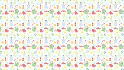 A festive winter pattern with snowmen, gifts, trees, and other christmas themed elements