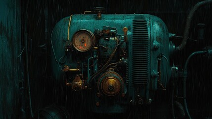 A detailed close up of industrial machinery equipment in the rain
