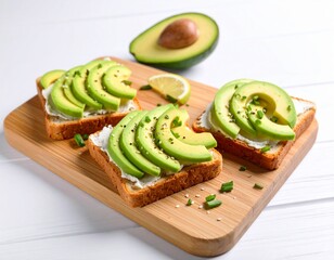 Sliced avocado toast on a wooden board displays a fresh, healthy, and vibrant snack with lemon, chives, and sesame seeds against a clean white background.