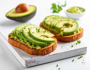 Two avocado toasts with smashed avocado and sliced avocado are displayed on a white board next to a bowl of guacamole and avocado against a white background.