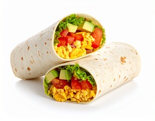 A freshly prepared breakfast burrito cut in half displays the delicious combination of scrambled eggs, avocado, lettuce, and tomatoes wrapped in a soft tortilla .