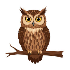 A little brown owl with big yellow eyes sits on a branch, a cute wildlife illustration