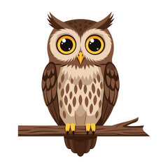 A cute cartoon owl with big eyes and brown feathers sits on a tree branch, a wise and wild animal illustration