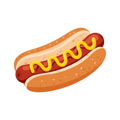 A vector illustration of a fast food hot dog with mustard and ketchup on a bun